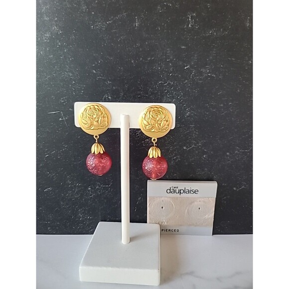Carol Dauplaise Gold Tone And Red Floral Dangling Pierced Earrings Vintage - Picture 2 of 10